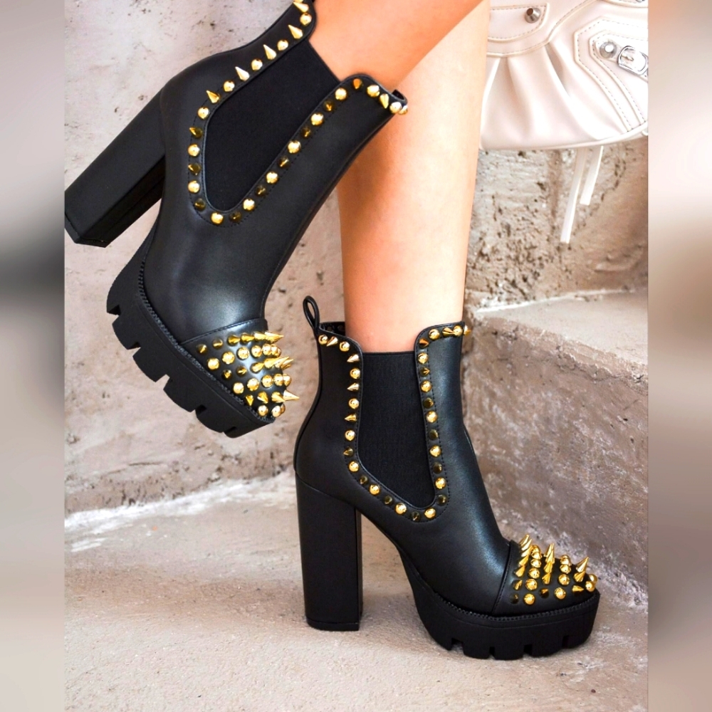 Cape Robbin Black Ankle Boots with Gold Studs